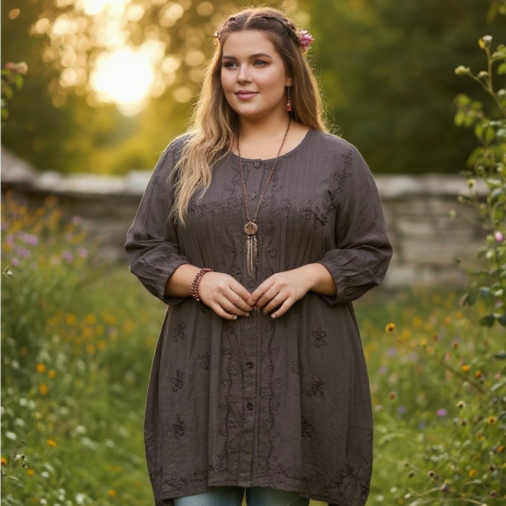 Denim24/7 Tunic Top Womens 2X Brown Embroidered Denim Boho‎ Peasant Cotton Chic